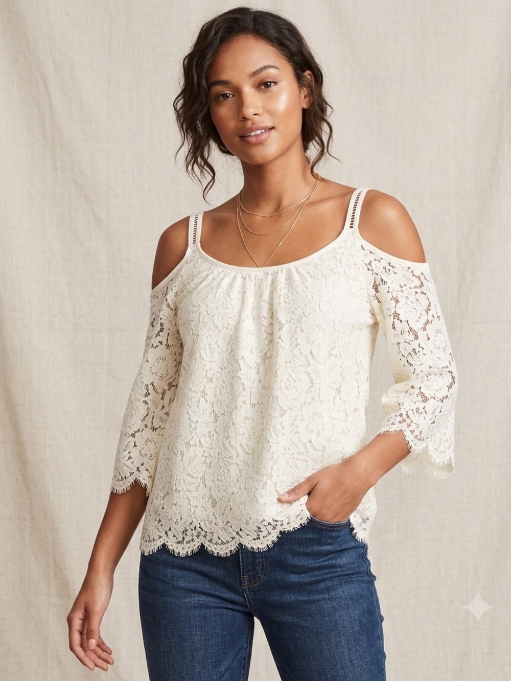 WHBM Women's Top Sz Medium Lace Cold Shoulder Blouse Top Cream Ivory M Boho
